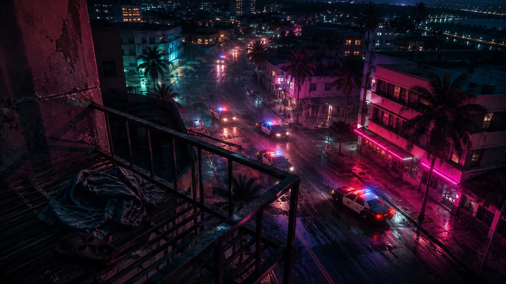 Vice City di notte vista da un ballatoio: quattro volanti con i lampeggianti accesi convergono su una strada bagnata al neon, in primo piano dei vestiti abbandonati e una maschera