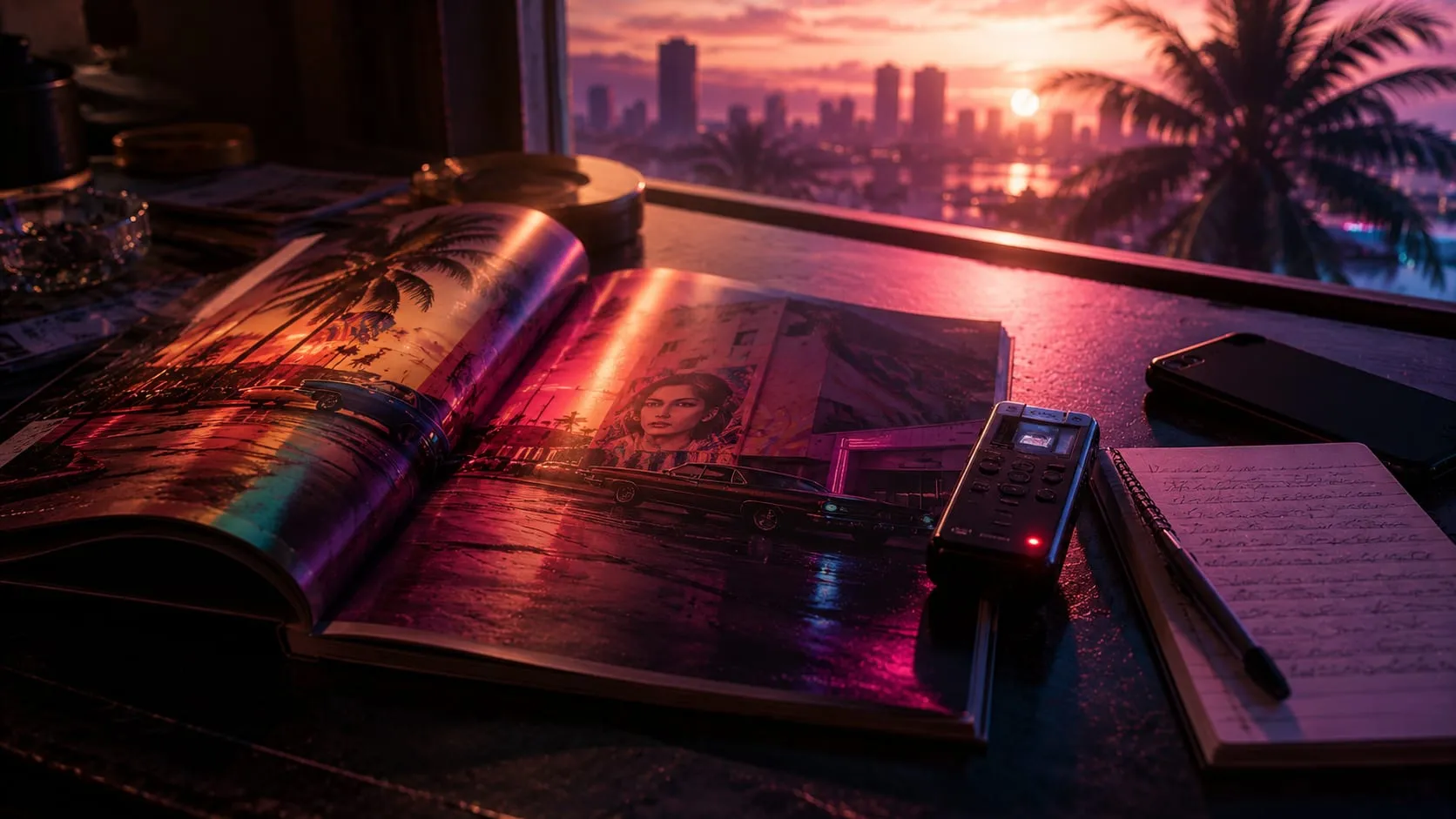 Rivista aperta su una scrivania con foto di murales e auto di Vice City, un registratore vocale acceso e un taccuino scritto a mano, davanti a una finestra sullo skyline al tramonto