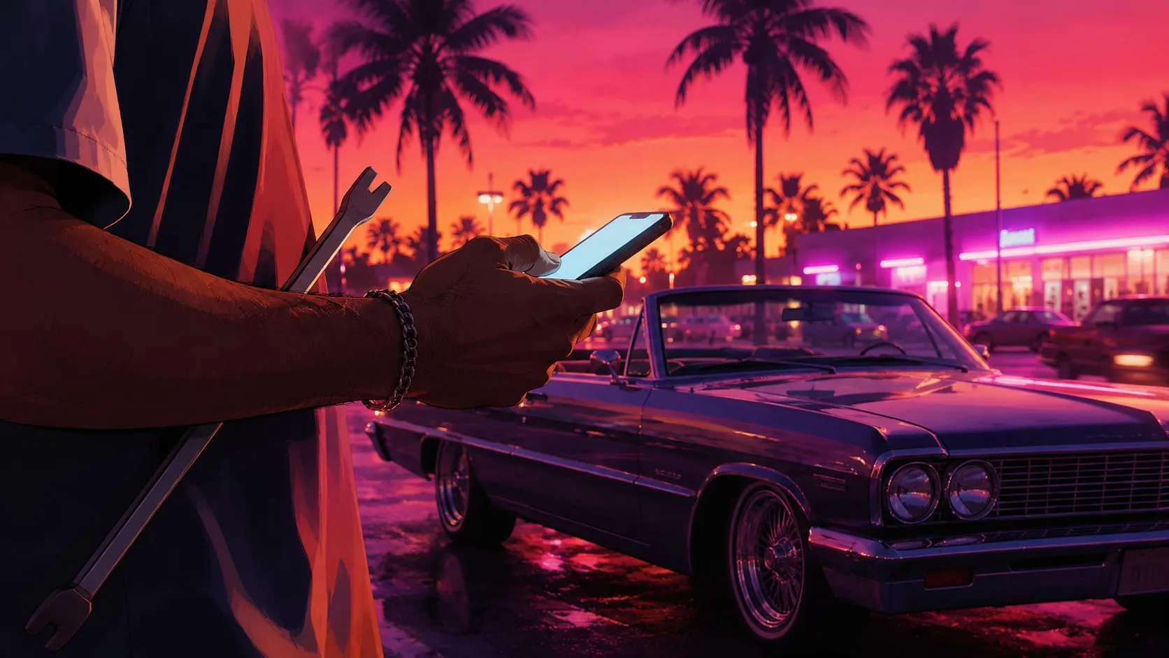 Al tramonto in un parcheggio di Vice City: una mano tiene uno smartphone acceso davanti a una decappottabile parcheggiata, con uno slim jim sotto il braccio e le palme in controluce