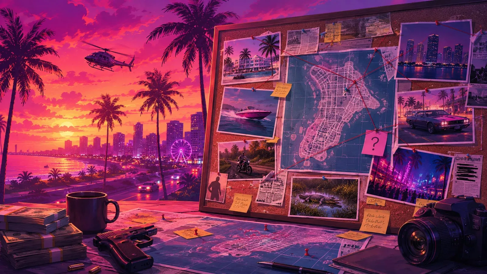 Illustrazione in stile Vice City: una lavagna investigativa con foto, mappa e filo rosso che collega gli indizi, davanti allo skyline al tramonto