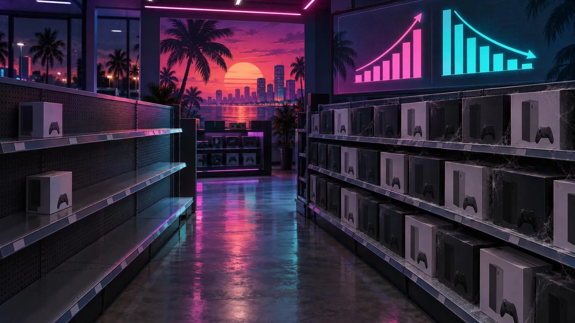Illustration: an electronics store aisle with one shelf nearly empty and one full of dusty consoles, and two neon charts
