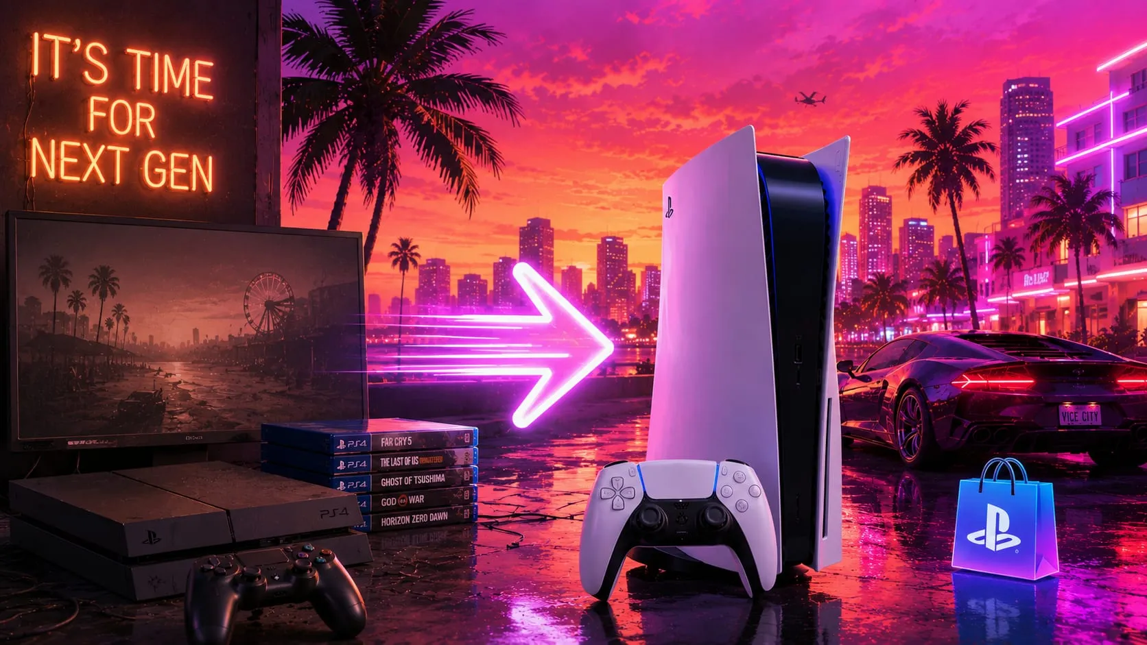 Illustrazione originale: il passaggio dalla PS4 con i suoi giochi alla PS5, con una freccia al neon "it’s time for next gen" e lo skyline di Vice City