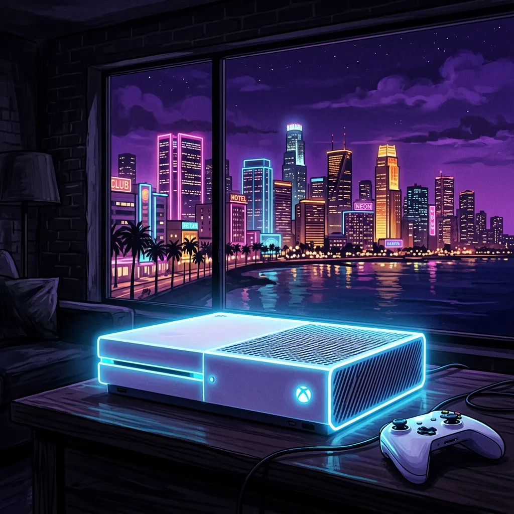 Illustrazione speculativa di una console di gioco accesa vicino a una finestra che dà su Vice City
