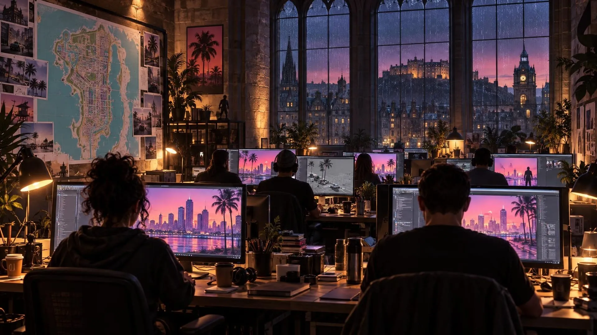 Illustrazione: uno studio di sviluppo di notte in un palazzo di pietra, file di scrivanie con monitor che mostrano lo skyline di Vice City al tramonto, una grande mappa appesa al muro e il castello di Edimburgo oltre le finestre bagnate dalla pioggia