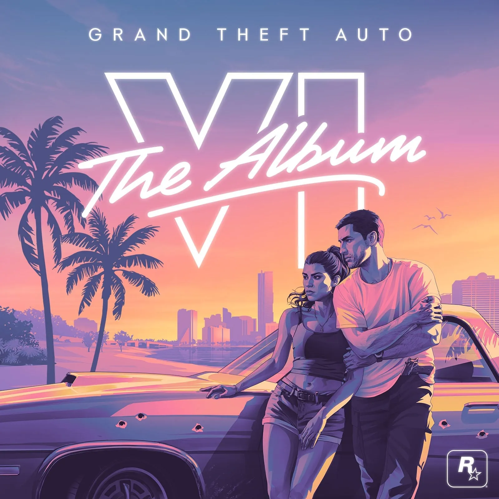 Square cover of Grand Theft Auto VI: The Album, with the VI logo and the cursive The Album lettering above Jason and Lucia