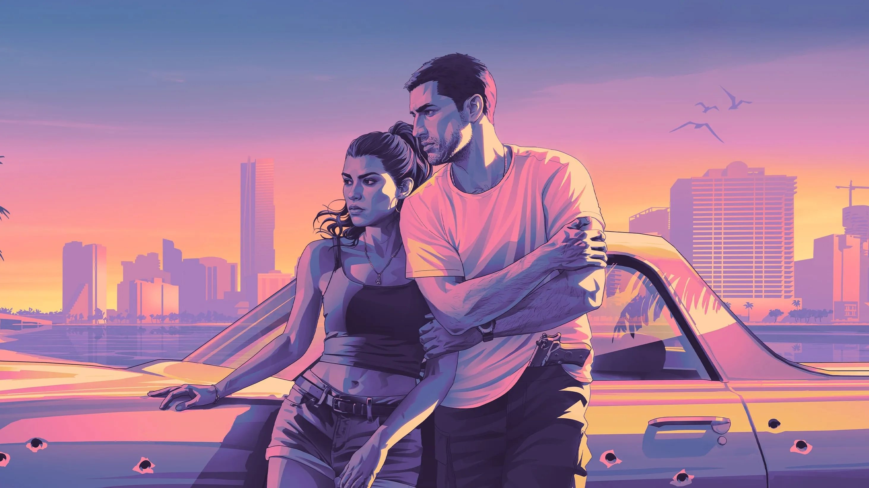 Grand Theft Auto VI: The Album artwork: Jason and Lucia leaning on a bullet-riddled coupe, with the Vice City skyline at sunset