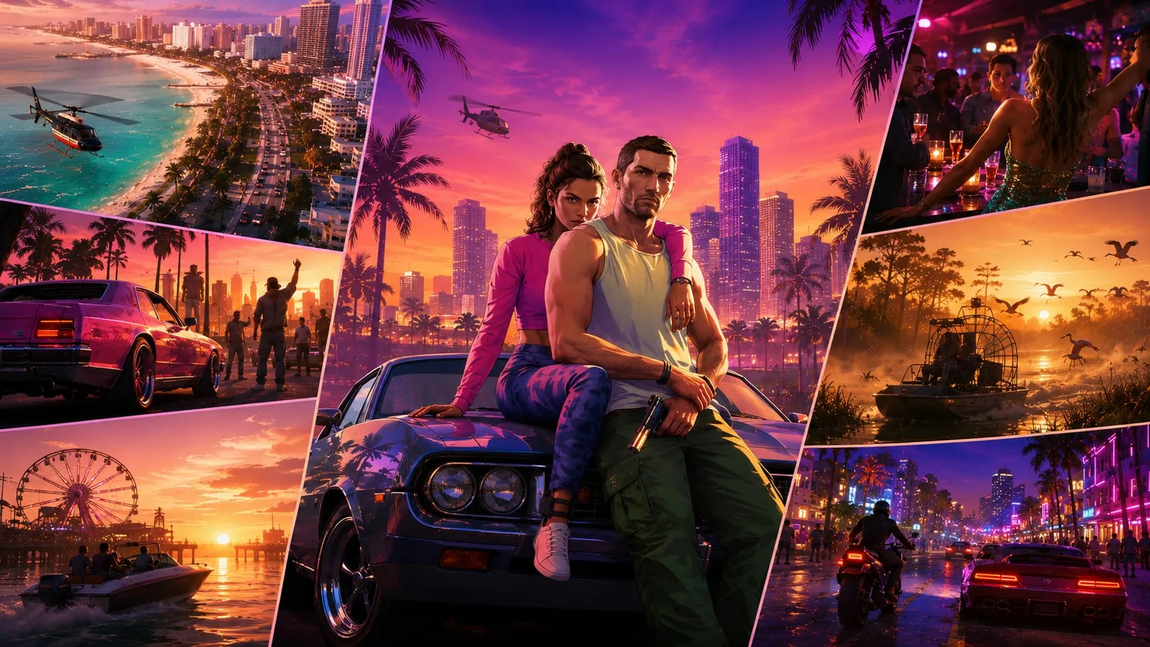 Illustrazione originale a collage sul Trailer 1 di GTA 6: Jason e Lucia su un’auto al centro, con scorci di spiaggia, paludi con airboat, luna park, vita notturna e strade al neon di Vice City