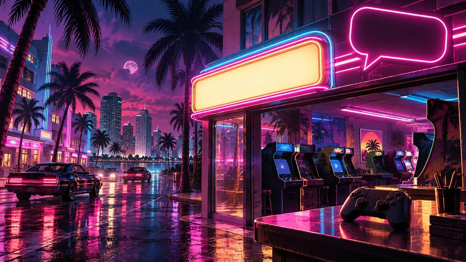 Illustrazione in stile Vice City: una sala giochi al neon con l’insegna vuota, un pad spento sul bancone e i cabinati in fondo