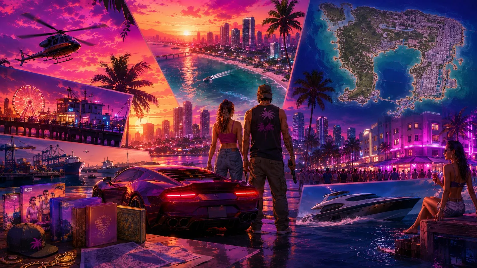 Illustrazione originale a collage su GTA 6: Jason e Lucia davanti allo skyline al tramonto di Vice City, con la mappa di Leonida, uno yacht, il porto, le edizioni del gioco e la vita notturna al neon