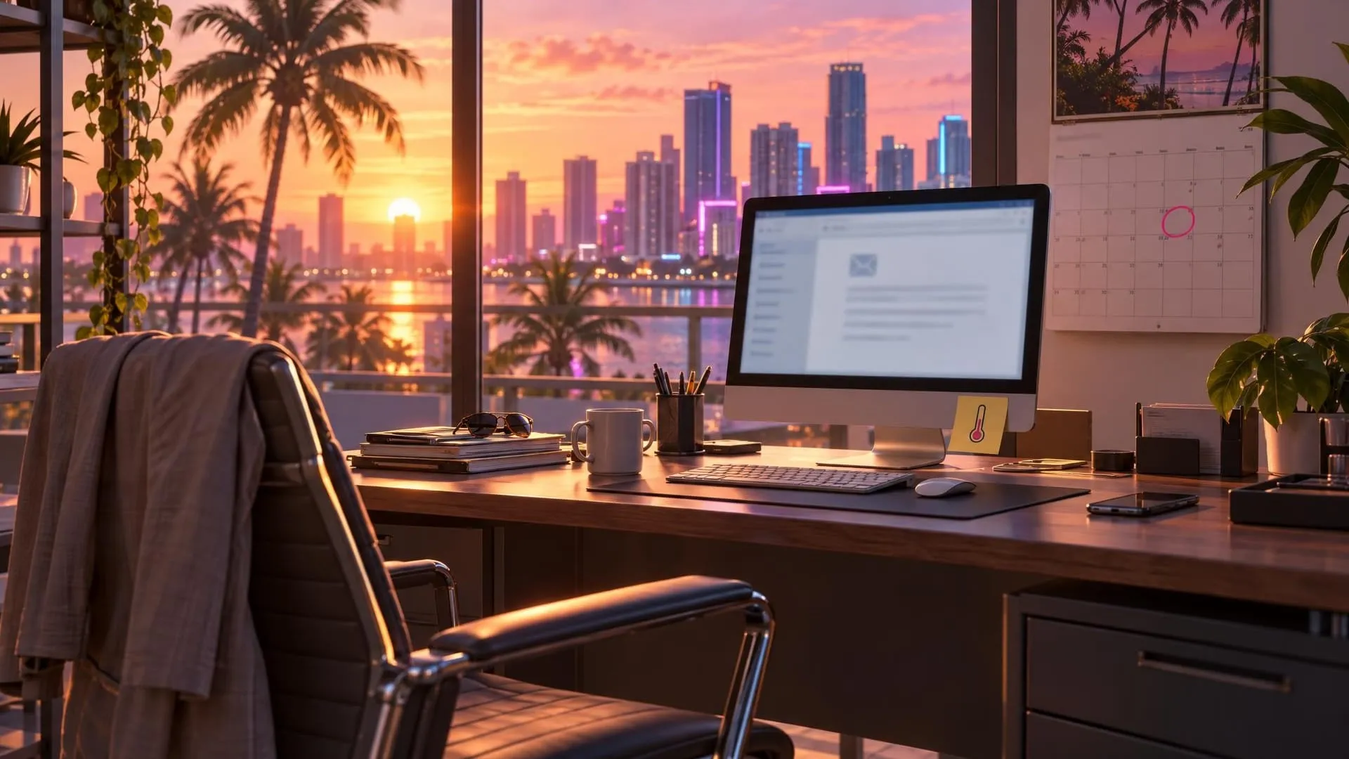 Illustration: an empty desk in a Miami office at dawn, with a calendar and a November day circled in pink