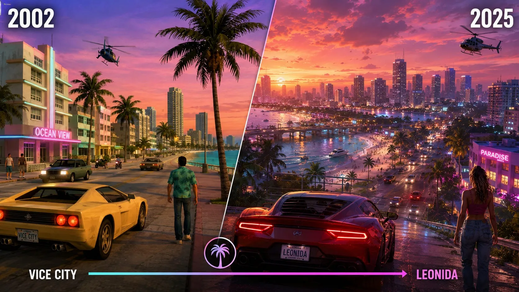 Confronto tra la Vice City del 2002 e la Leonida moderna di GTA 6: a sinistra una sportiva gialla e la Ocean Drive retro, a destra una supercar targata Leonida davanti allo skyline al neon