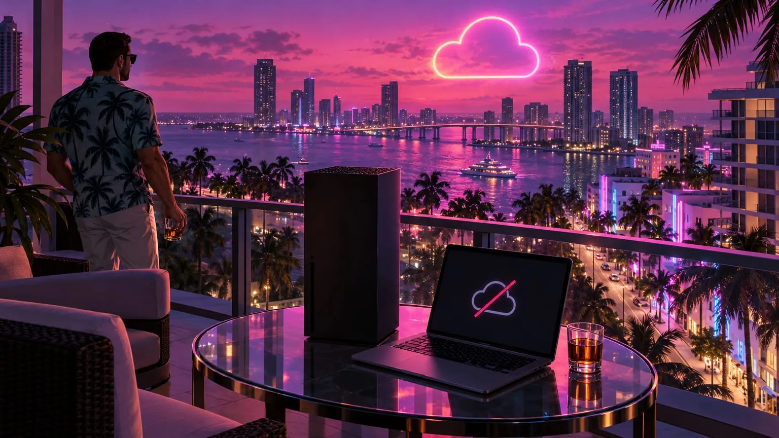 Vice City style illustration: a black console on a balcony table, a neon cloud above the skyline and a laptop showing a crossed-out cloud icon
