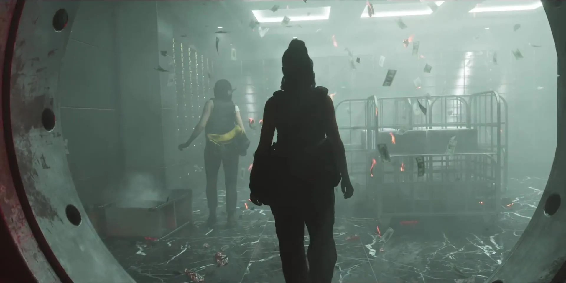 Through the round door of a vault, a woman walks into a smoke-filled safe deposit room with banknotes flying
