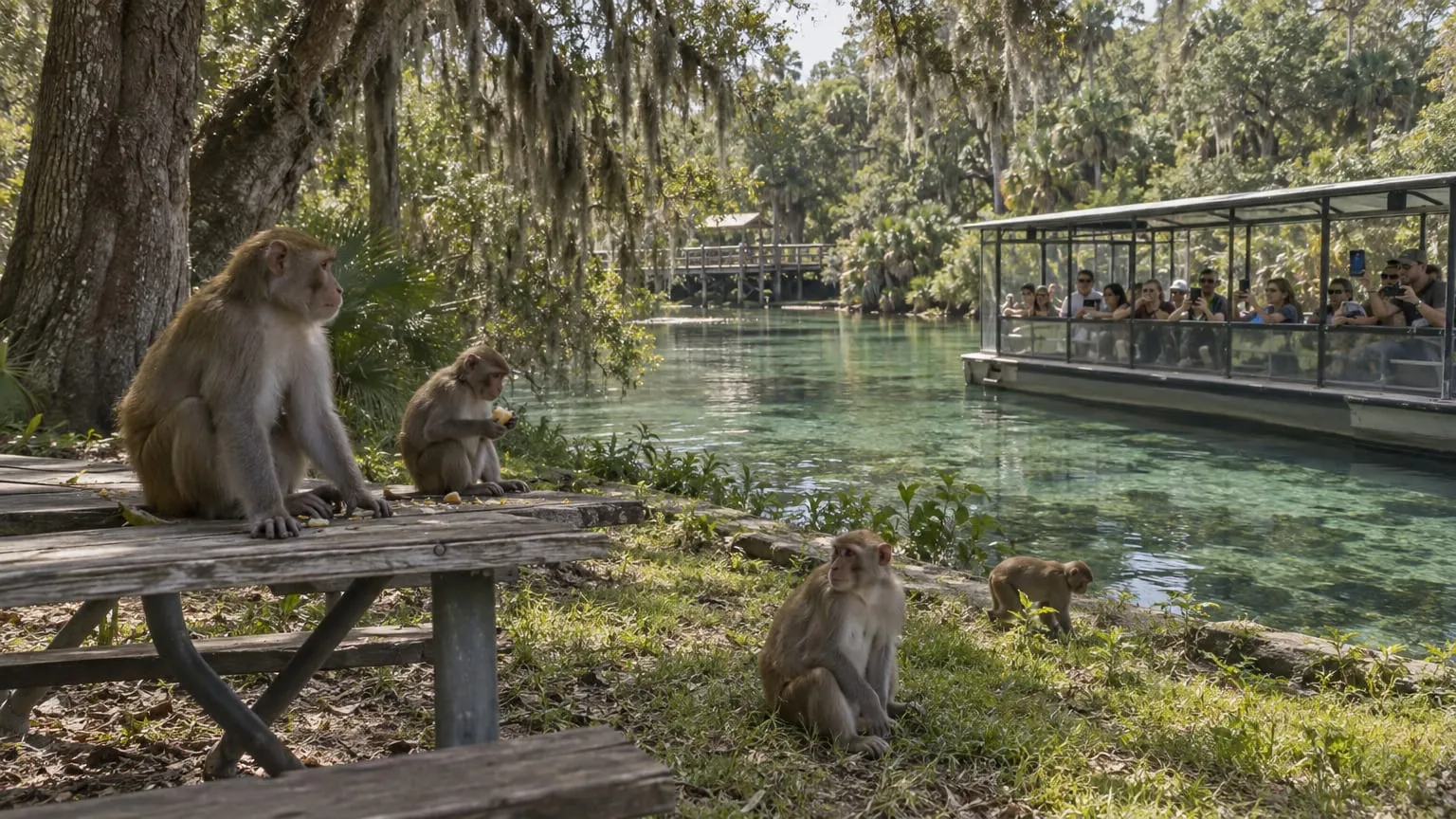 Immagine generata in stile cattura di gioco: alcuni macachi rhesus su un tavolo da picnic e sull'erba in riva a una sorgente limpida, con un battello turistico pieno di persone sullo sfondo