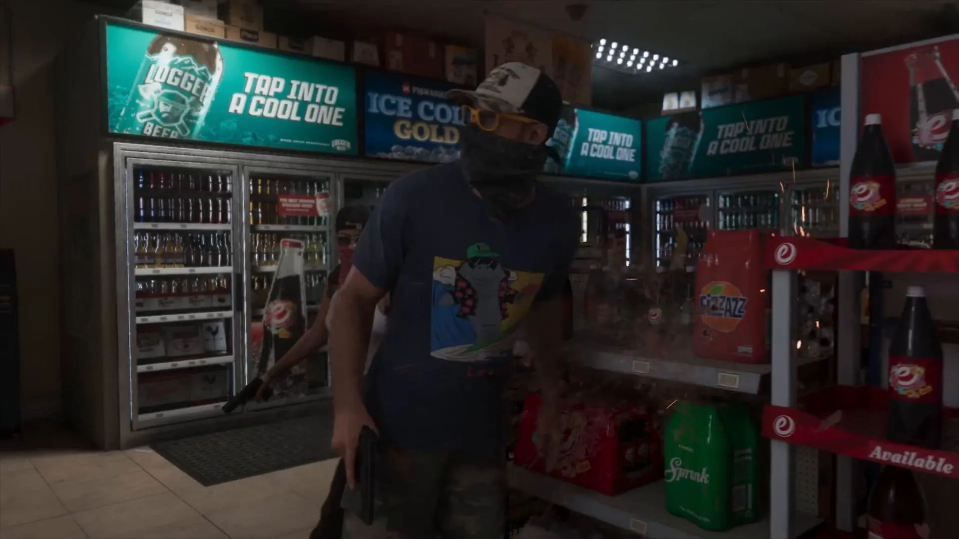 A convenience store drinks fridge: Logger Beer and Pißwasser Ice Cold Gold panels, eCola bottles and a pack of Sprunk