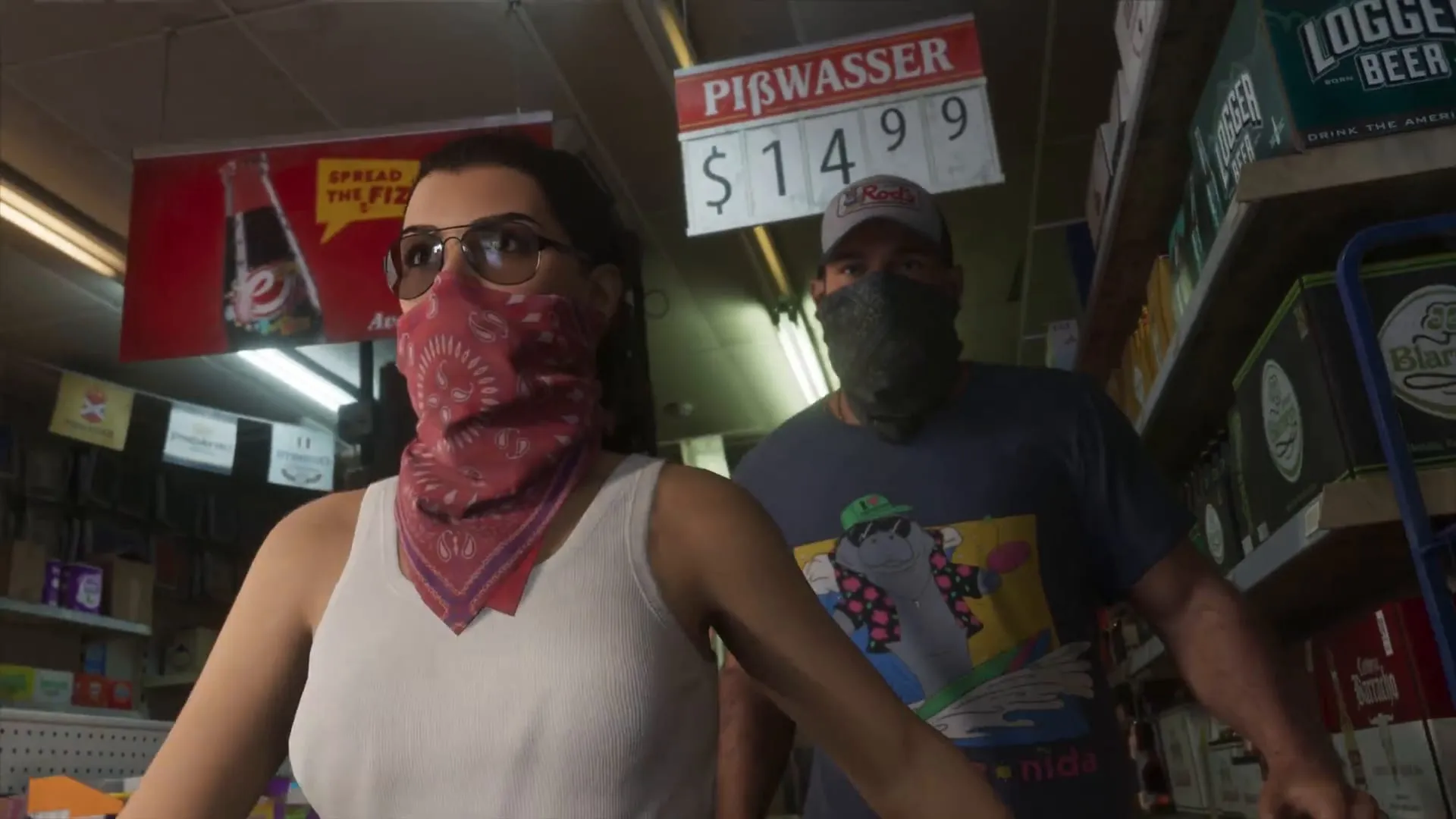 Lucia and Jason with covered faces in a liquor store: above them the Pißwasser $14.99 sign, eCola and cases of Logger Beer
