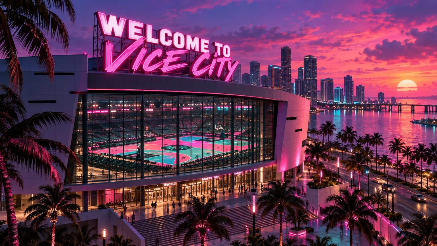 Vice City style illustration: an arena at sunset with a neon Welcome to Vice City sign on the roof and a pink and teal court visible through the glass