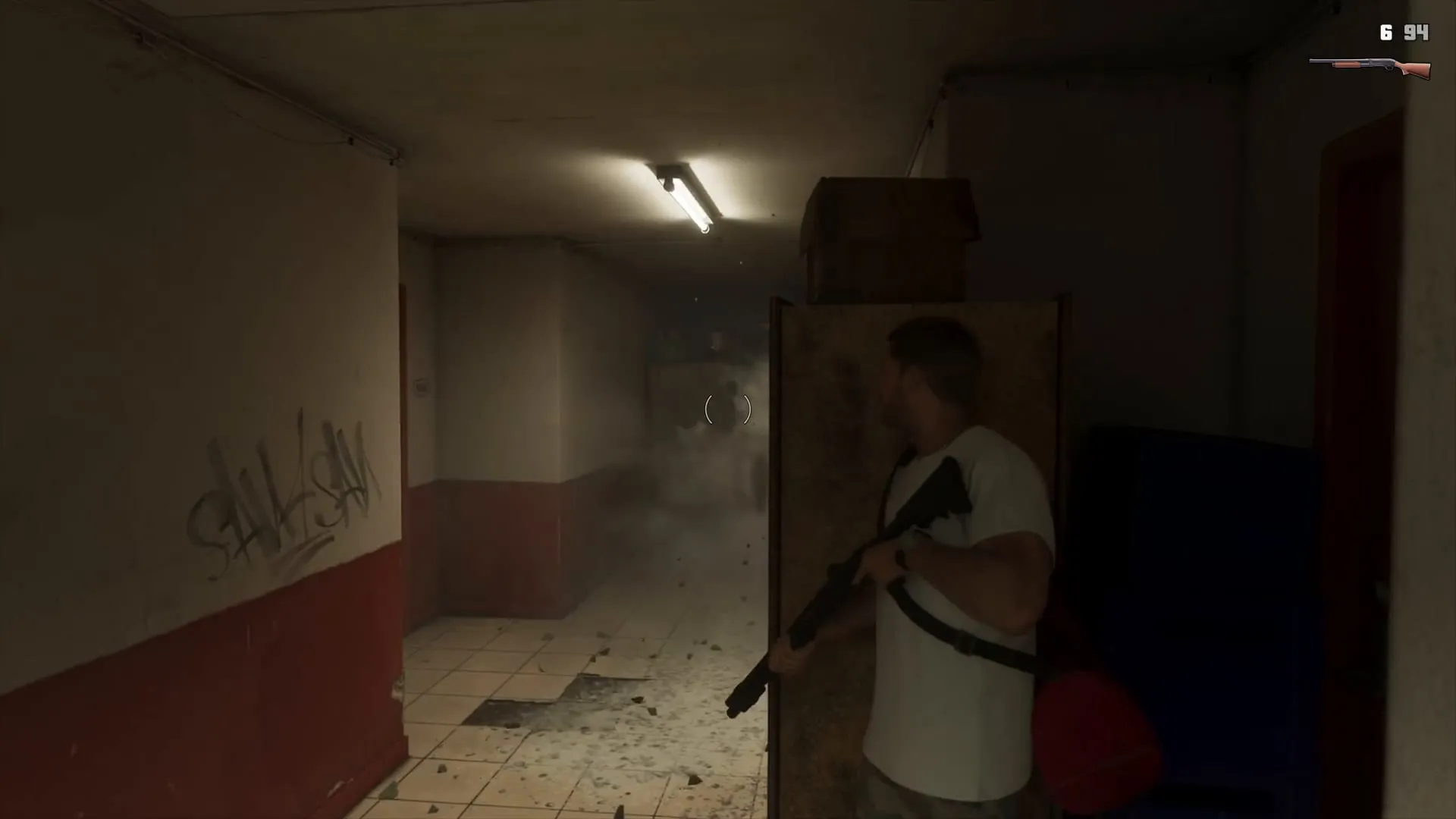 An Extended Look frame: Jason with a black pump shotgun takes cover behind a door frame in a smoke-filled corridor, with the 6 and 94 ammo counter at the top right