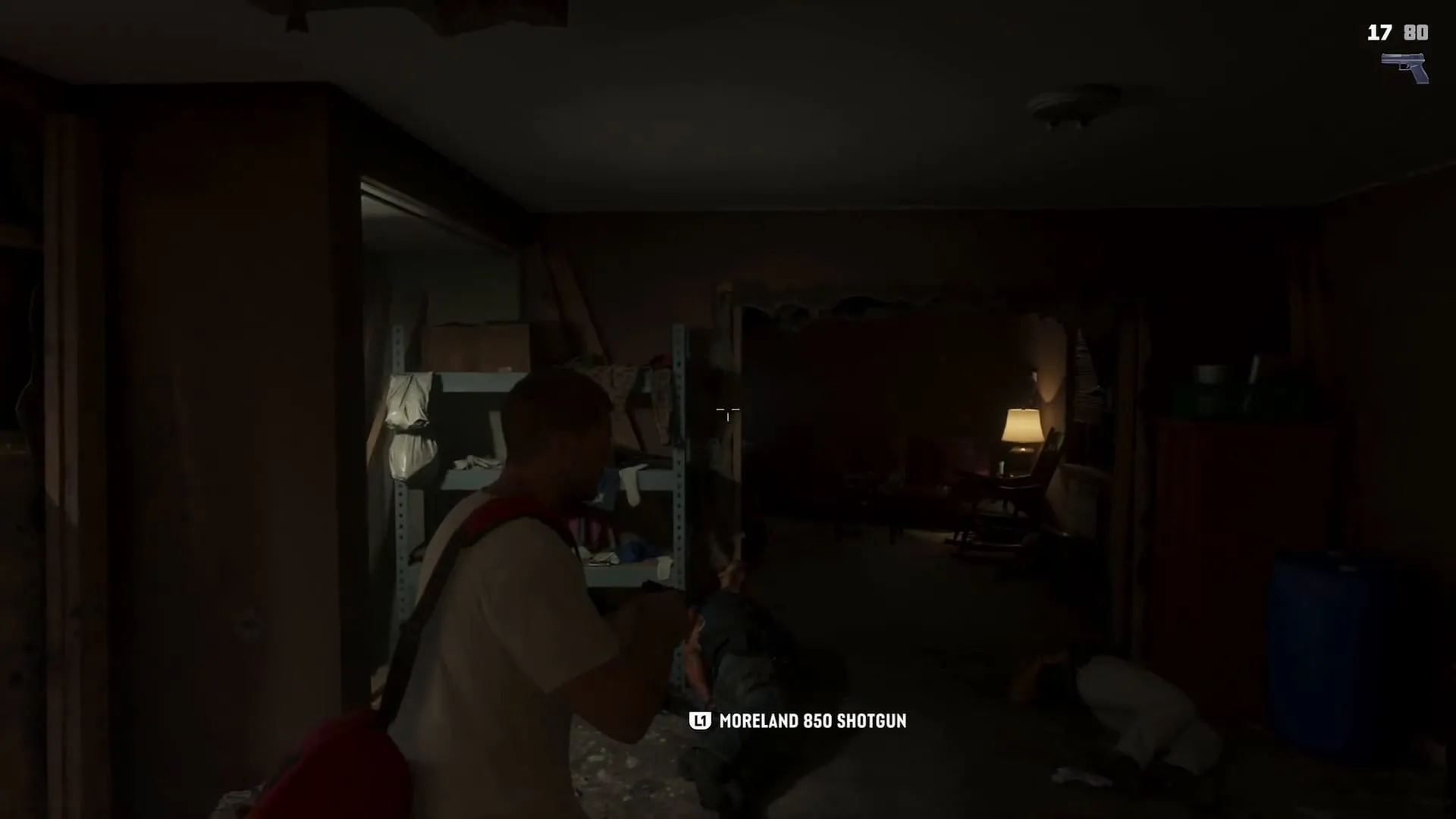 An Extended Look frame: Jason in a dark, wrecked room next to a man on the floor, with the Moreland 850 Shotgun pickup prompt on screen
