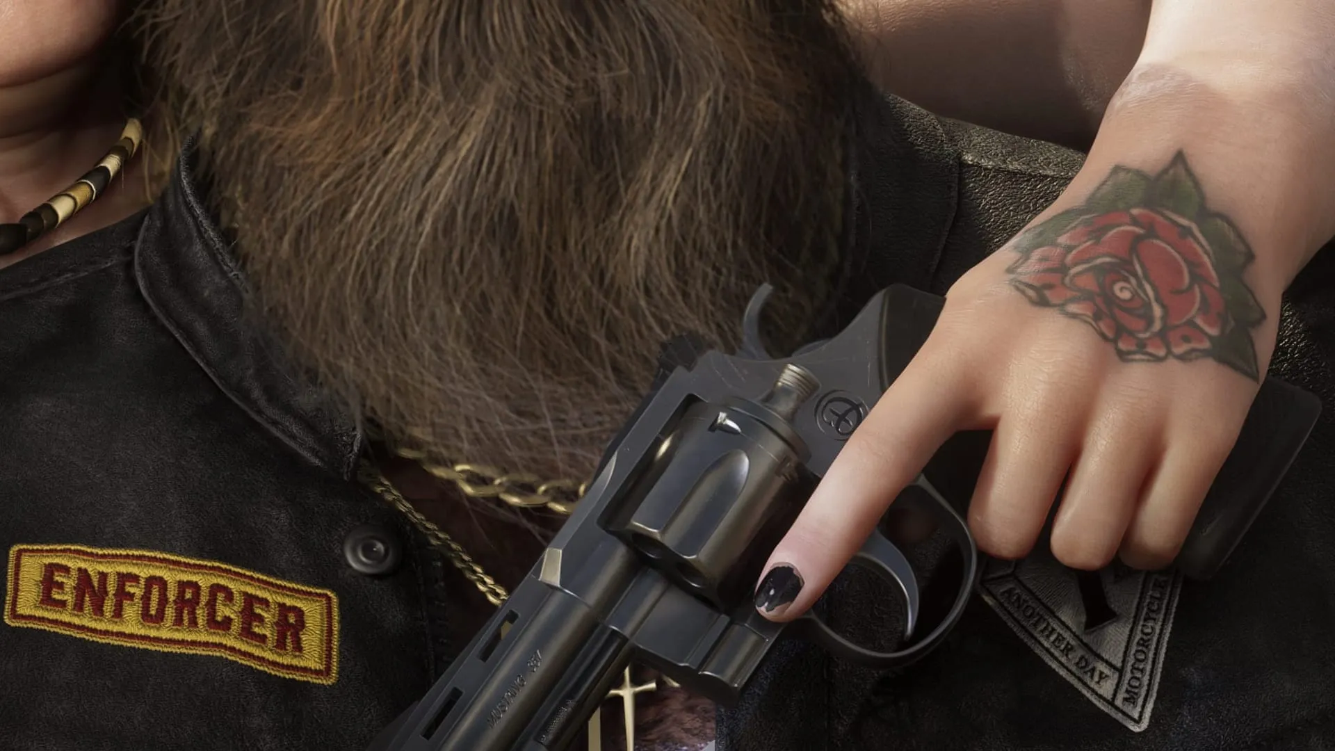 Detail of an official Ambrosia screenshot: a biker’s rose-tattooed hand holds a blued revolver with Mustang .357 on the barrel, resting on a man’s vest with an Enforcer patch