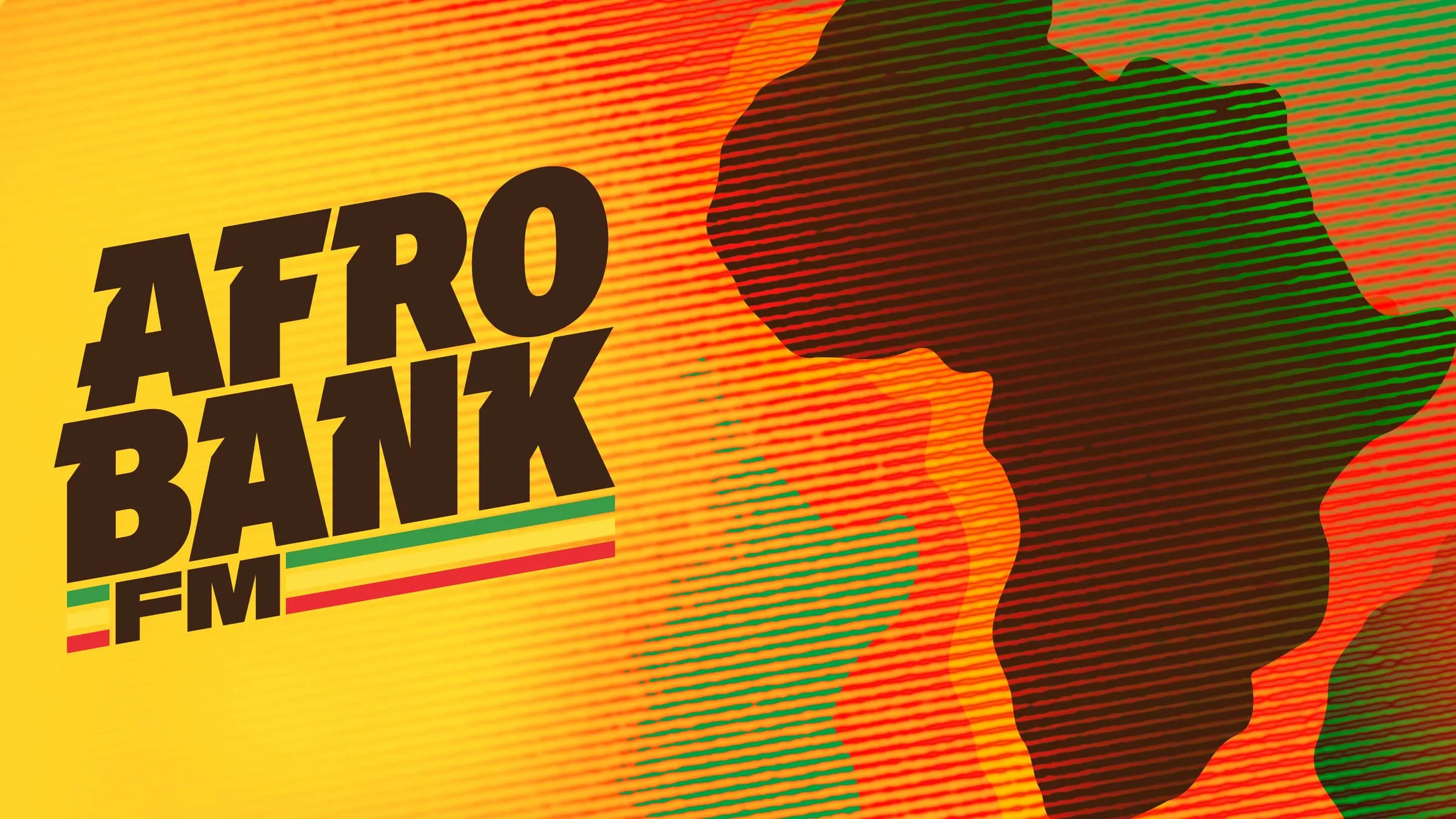 The AfroBank FM logo next to the outline of Africa on a yellow and orange background