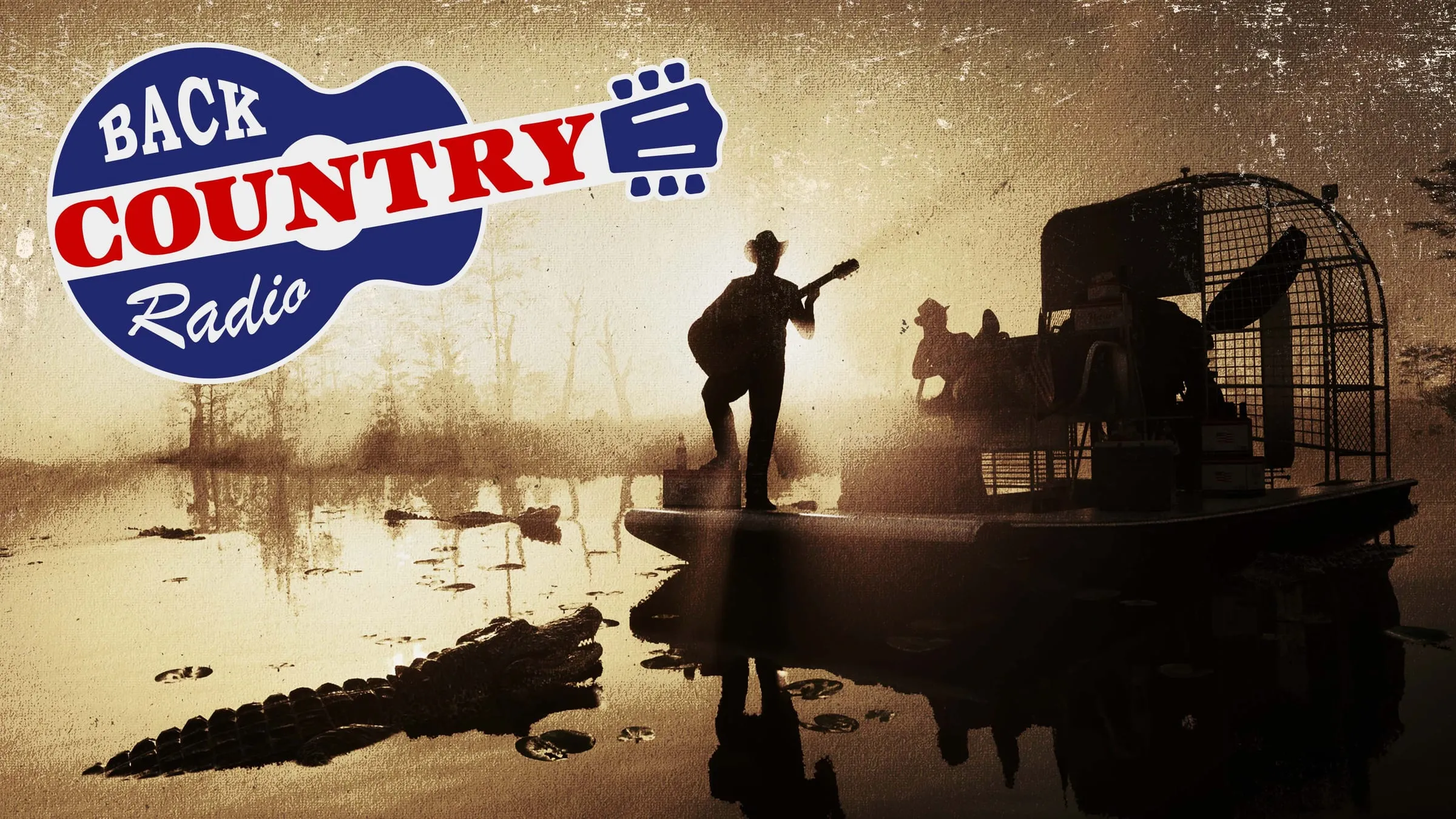 The Back Country Radio logo above the silhouette of a guitarist on an airboat in the swamp, with an alligator in the water