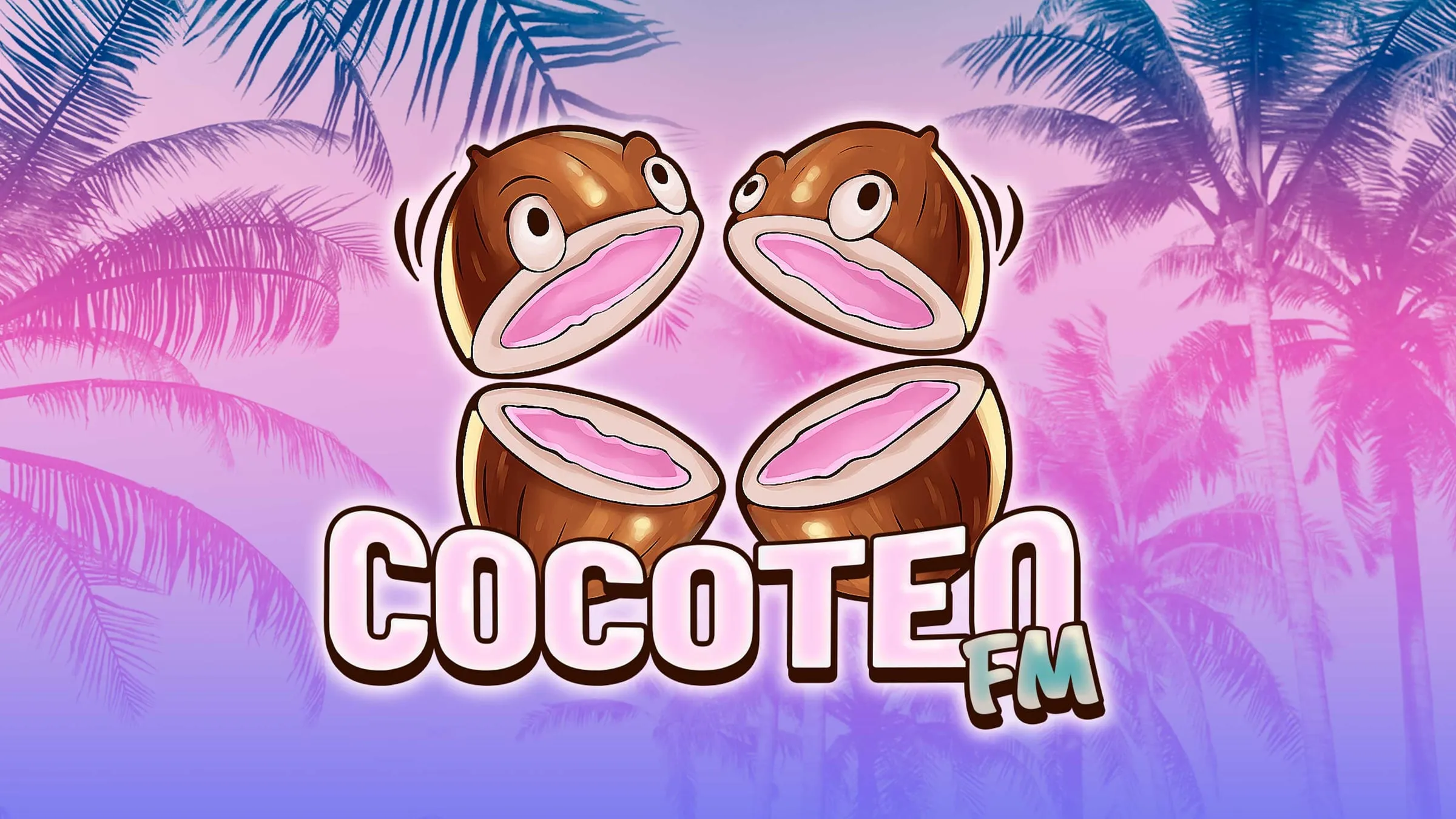 The Cocoteo FM logo, two coconuts with faces, over pink palm trees