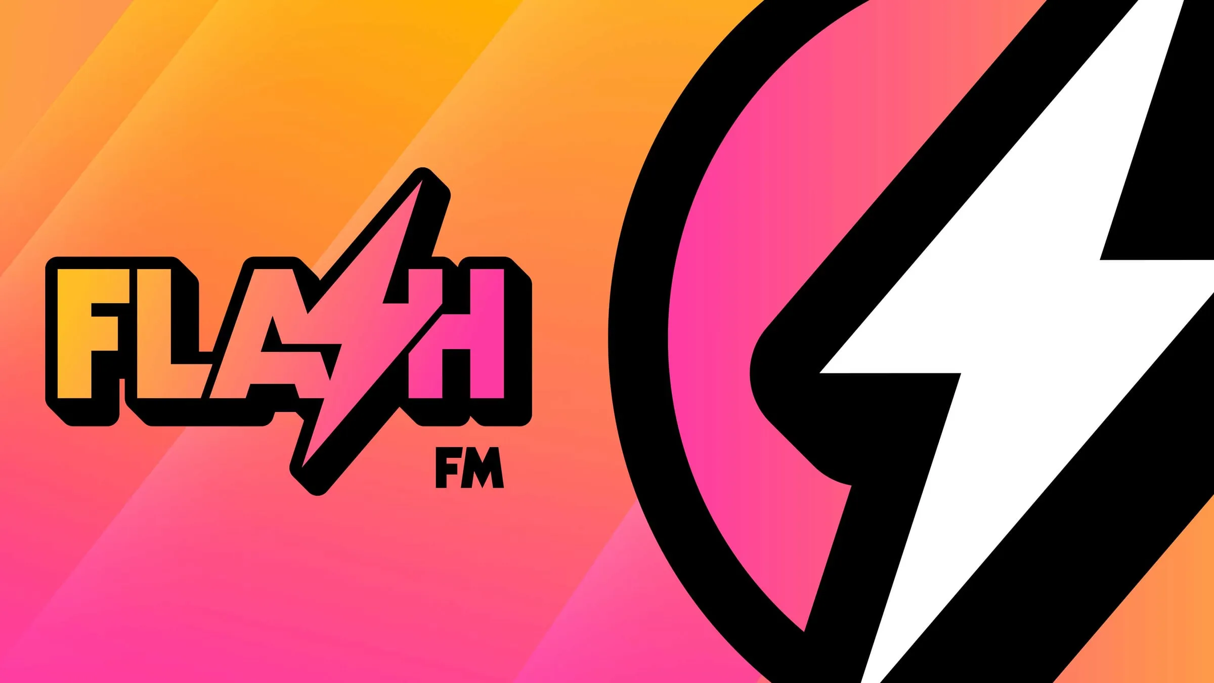 The Flash FM logo with a lightning bolt in place of the S, on a pink and orange background