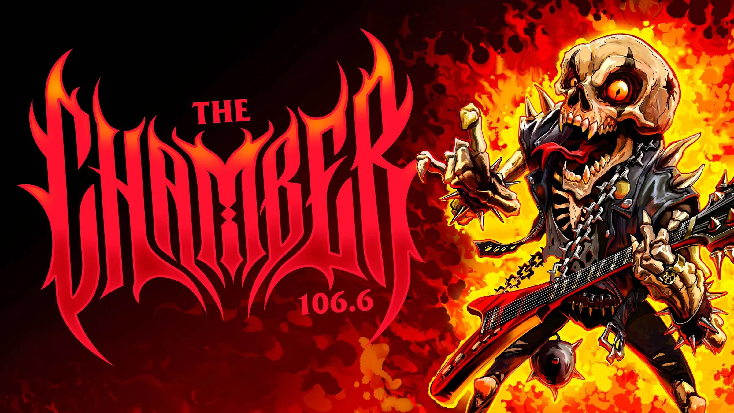 The gothic The Chamber 106.6 logo next to a studded skeleton playing guitar in flames