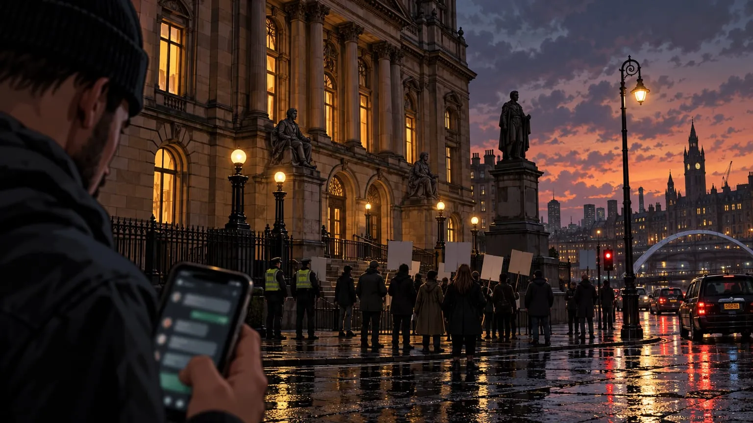Illustrazione: un palazzo vittoriano in arenaria a Glasgow al tramonto, un gruppo di persone con cartelli bianchi davanti all’ingresso e in primo piano uno smartphone con una chat sfocata