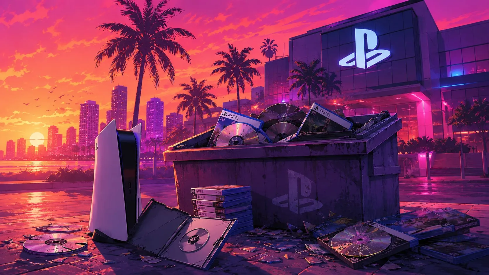 Illustrazione in stile Vice City: un cassonetto pieno di custodie e dischi PlayStation sul lungomare al tramonto, davanti a un palazzo con il logo PlayStation