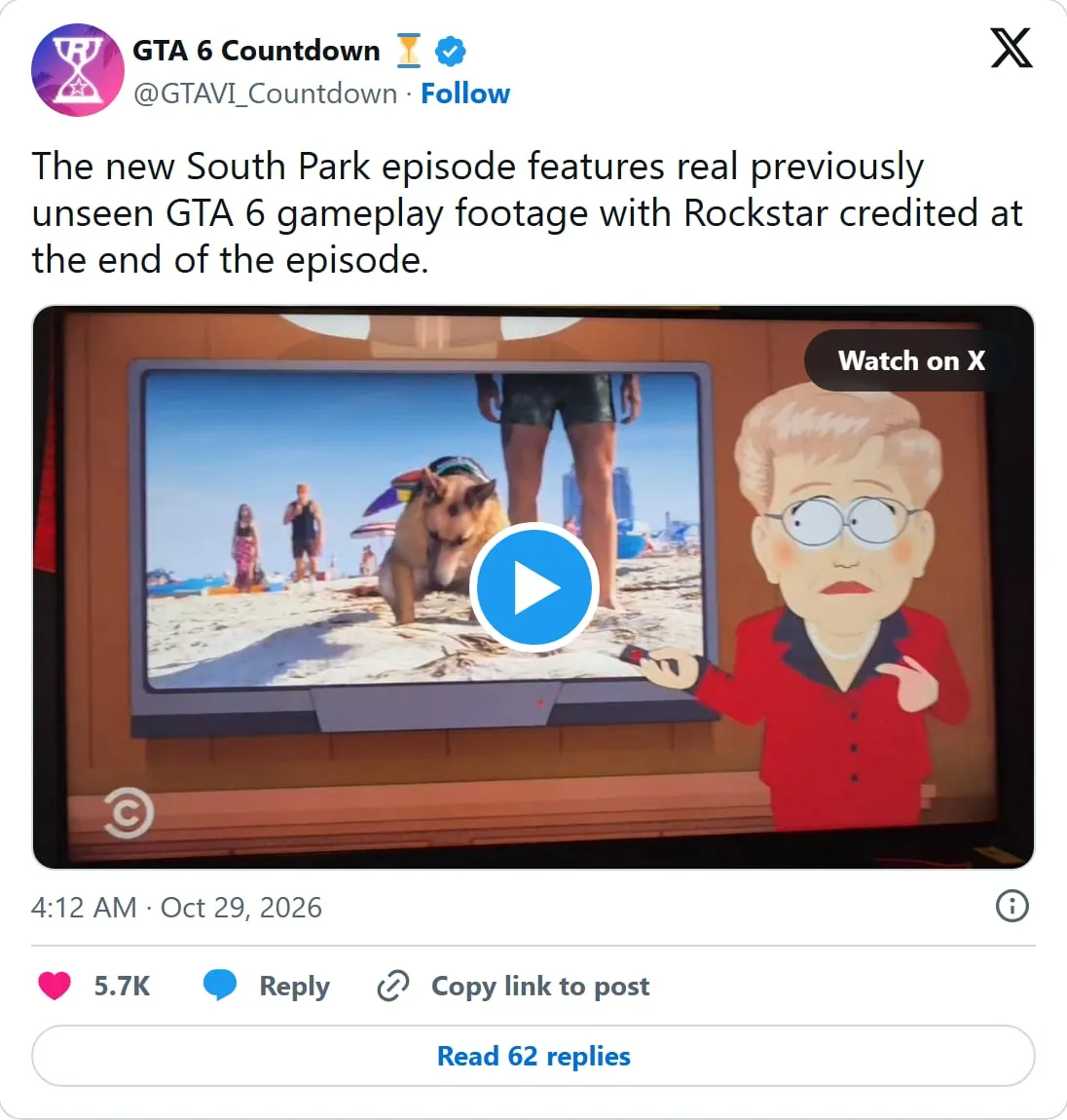 GTA 6 Countdown's post on X: in the South Park scene the TV shows a dog on the Vice City beach in GTA 6
