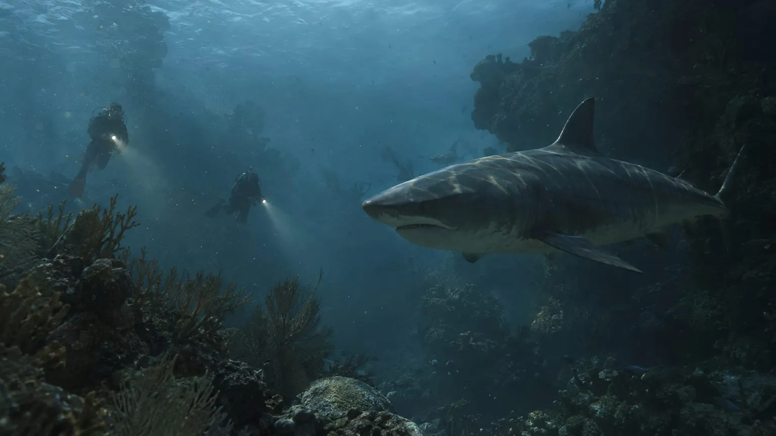 Immagine generata in stile cattura di gioco: uno squalo passa accanto a una barriera corallina in acqua blu torbida, mentre due sub con le torce restano a distanza