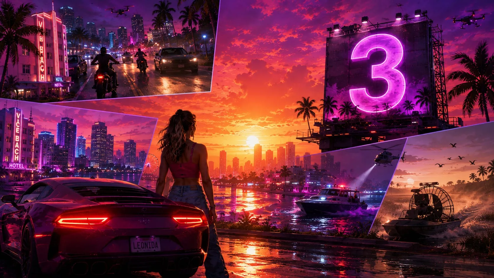 Illustrazione originale sul Trailer 3 di GTA 6: un grande "3" al neon su un cartellone, una donna accanto a una sportiva targata Leonida e scorci di Vice City al tramonto tra strade al neon, paludi e motoscafi