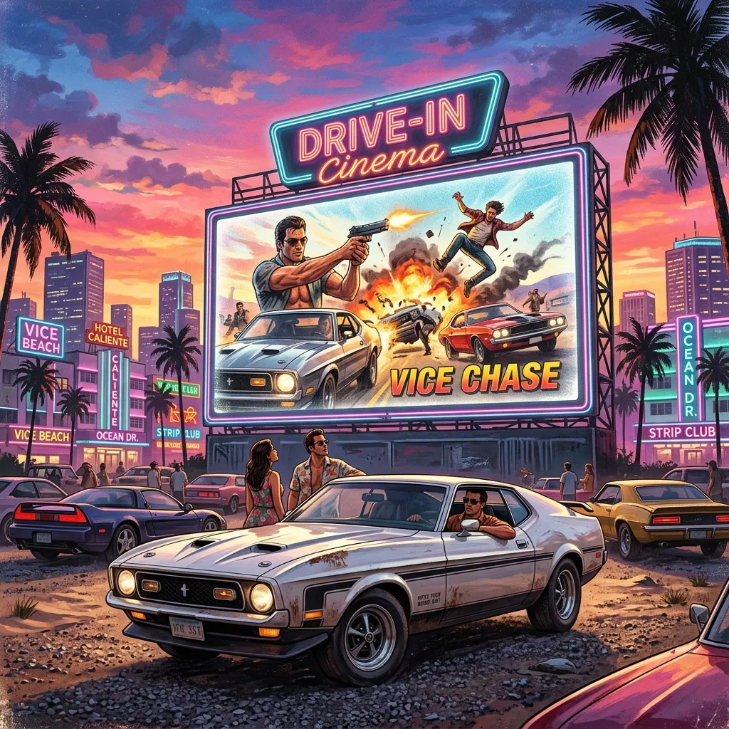 Illustrazione speculativa di un drive-in a Vice City al tramonto con uno schermo cinematografico