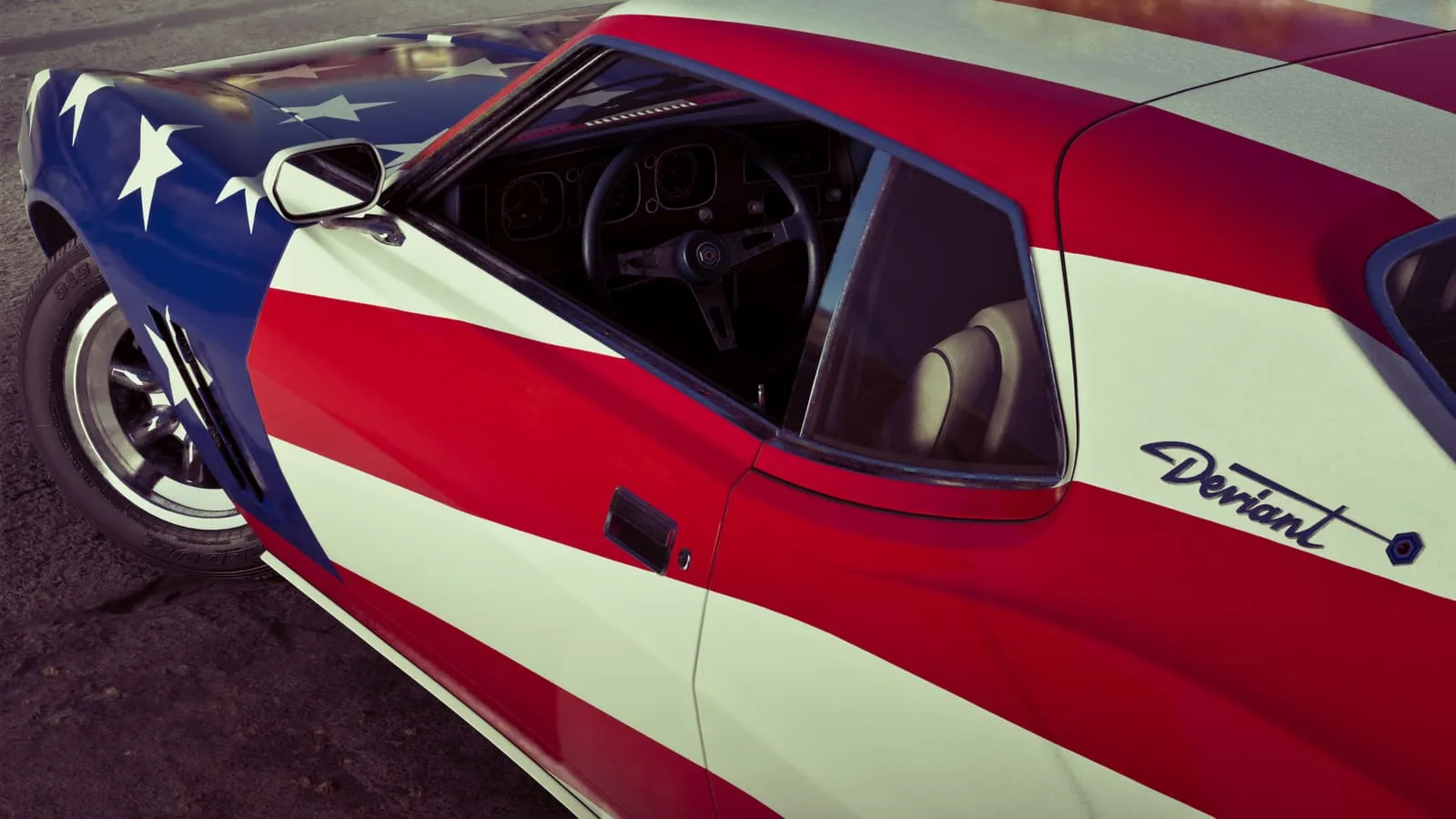A muscle car with a stars-and-stripes livery and the Deviant script on its flank, with a hexagonal emblem