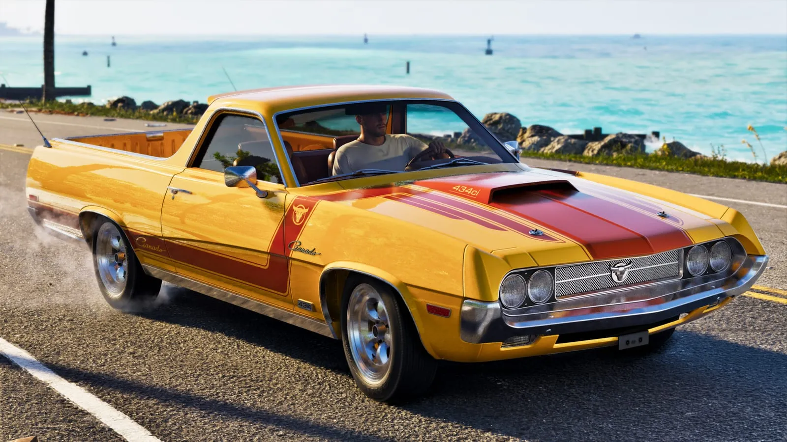 La Vapid Ganado, pickup coupé giallo con strisce rosse, su una strada costiera in uno screenshot ufficiale di GTA 6