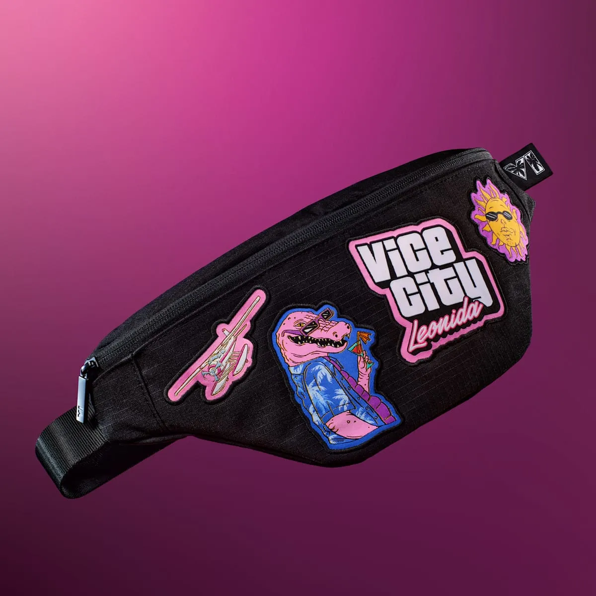 Borsa a tracolla nera delle Leonida Keys con toppe: il logo Vice City Leonida, Macca, un sole con gli occhiali e un idrovolante
