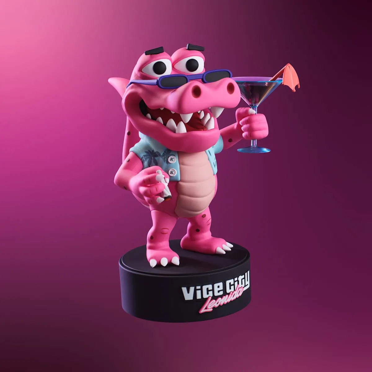 Statuetta di Macca l'Alligatore: un alligatore rosa in camicia hawaiana con occhiali sulla fronte e un cocktail in mano, su una base nera Vice City Leonida