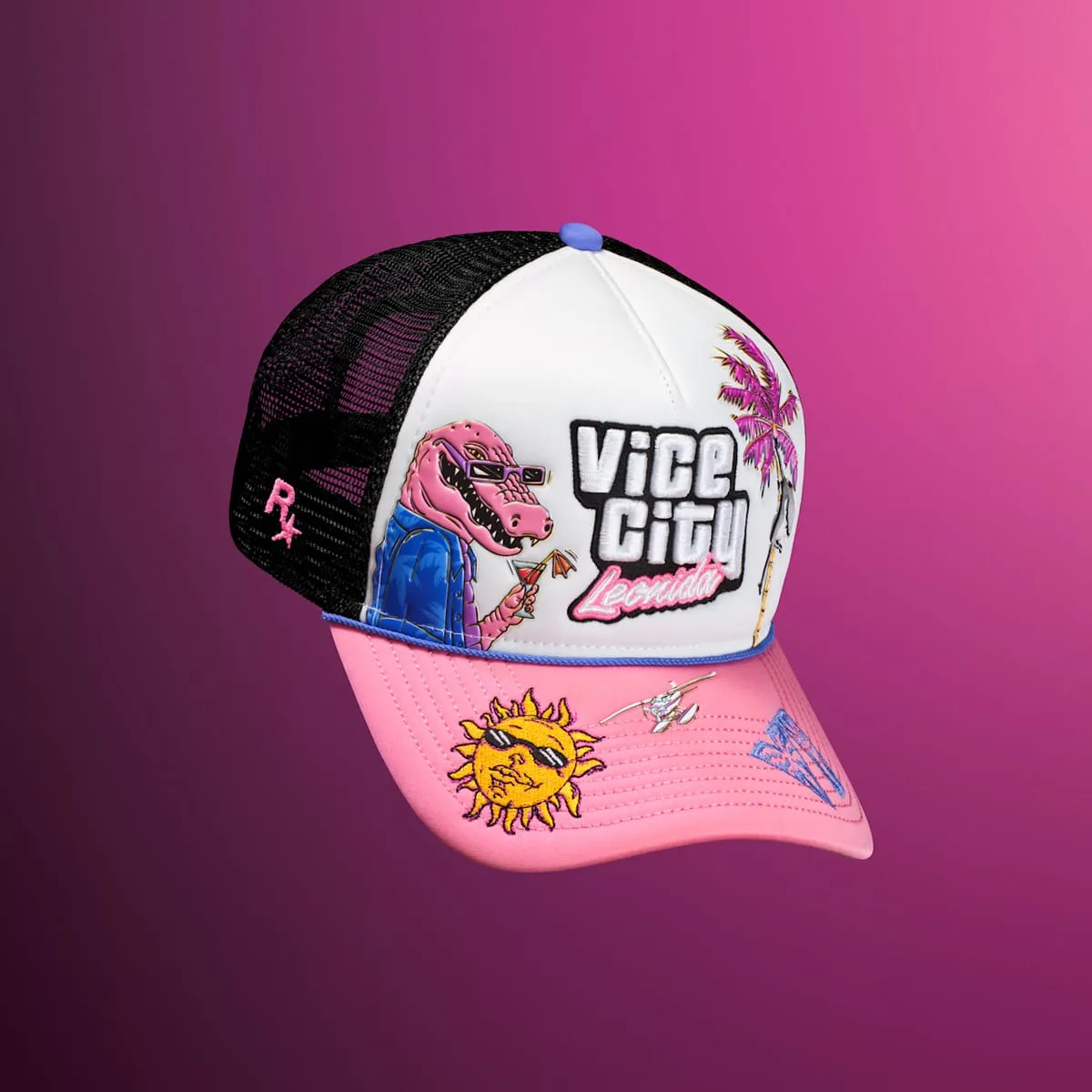 Cappellino New Era con fronte bianca, retro in rete nera e visiera rosa, decorato con Macca, una palma, il sole e il logo Vice City Leonida