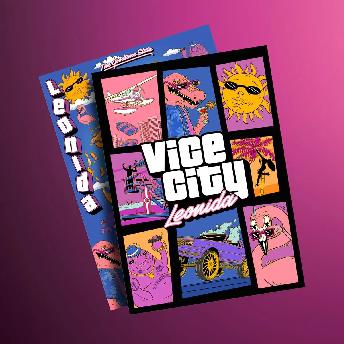 Il poster double-face: sul fronte un fumetto a riquadri col logo Vice City Leonida, sul retro la scritta Leonida