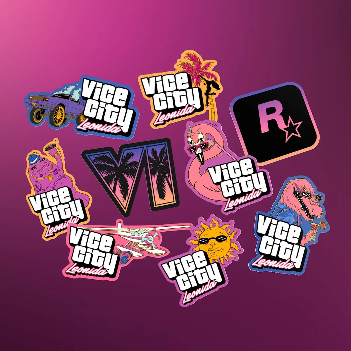 Gli adesivi delle Leonida Keys: loghi Vice City, il VI, il logo Rockstar, un fenicottero, un idrovolante, Macca e il sole con gli occhiali