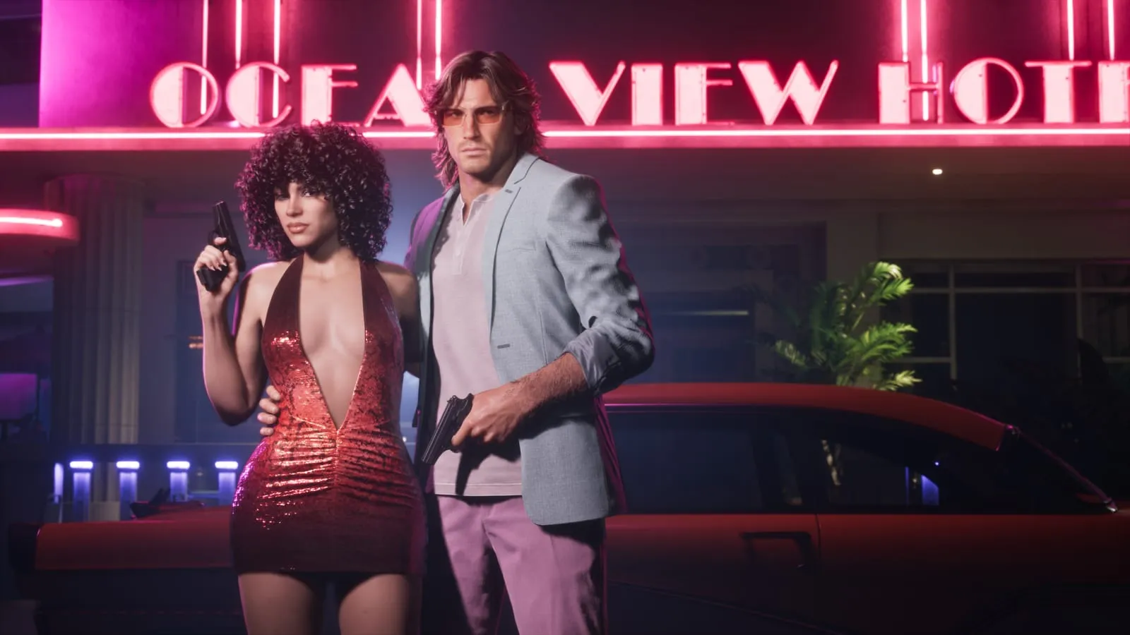 Jason e Lucia in abiti rétro davanti all'insegna al neon dell'Ocean View Hotel, immagine ufficiale del Pacchetto Vintage Vice City