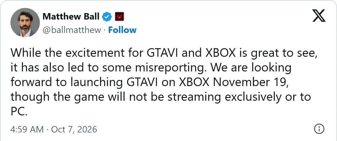 Il post di Matthew Ball su X del 7 ottobre 2026: GTA VI arriva su Xbox il 19 novembre, ma non in streaming esclusivo né su PC